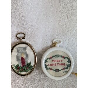 Vtg Cross Stitch Christmas Ornaments 3.5 Holiday Decor Grannycore hoops candle"